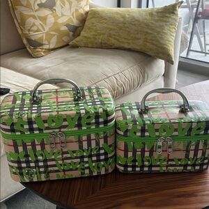 Patterned 'Love' Cosmetic Train Case Set in Green Plaid- set of two